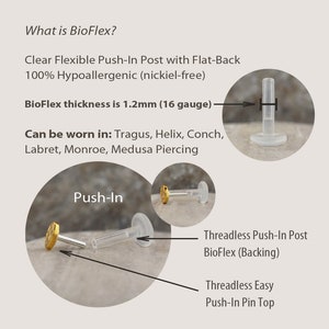 Peut inclure: Un poteau transparent BioFlex &agrave; enfoncer pour piercings corporels. Le poteau mesure 1,2 mm d'&eacute;paisseur et est fabriqu&eacute; dans un mat&eacute;riau hypoallerg&eacute;nique sans nickel. Il peut &ecirc;tre port&eacute; dans une vari&eacute;t&eacute; de piercings, notamment le tragus, l'h&eacute;lix, le conch, le labret, le Monroe et le Medusa.