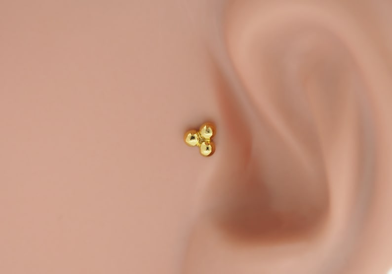 Peut inclure: Un piercing de nez en or avec trois petites perles rondes.