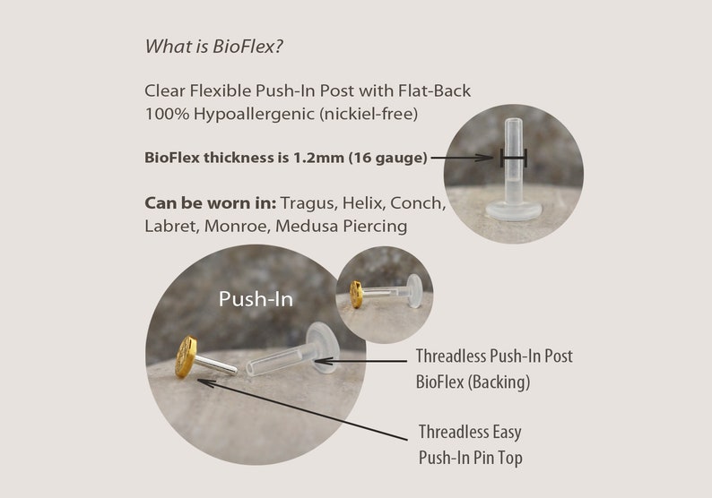 Puede incluir: Puesto transparente BioFlex para piercings corporales. El puesto tiene 1,2 mm de grosor y est&aacute; hecho de material hipoalerg&eacute;nico sin n&iacute;quel. Se puede usar en los piercings de tragus, h&eacute;lix, concha, labio, Monroe o Medusa.