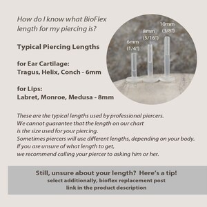 Puede incluir: Un gr&aacute;fico que muestra las longitudes de perforaci&oacute;n t&iacute;picas en mil&iacute;metros y pulgadas para el cart&iacute;lago de la oreja y los labios. El gr&aacute;fico incluye un primer plano de tres postes de perforaci&oacute;n BioFlex transparentes de diferentes longitudes: 6 mm (1/4 pulgada), 8 mm (5/16 pulgada) y 10 mm (3/8 pulgada).