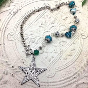 Handmade Asymmetric Blue and Silver Beaded Necklace with Star Pendant