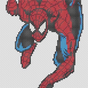 Puede incluir: Una imagen pixelada de Spiderman en una pose agachada con los brazos extendidos, de color rojo y azul.