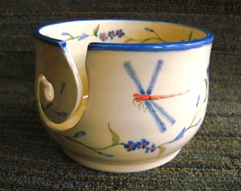 Dragonfly Yarn Bowl, Hand Painted Stoneware Pottery for Knitting