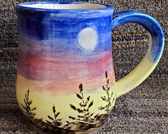 Hand-Painted Moon and Tree Mug: Hand Thrown Pottery