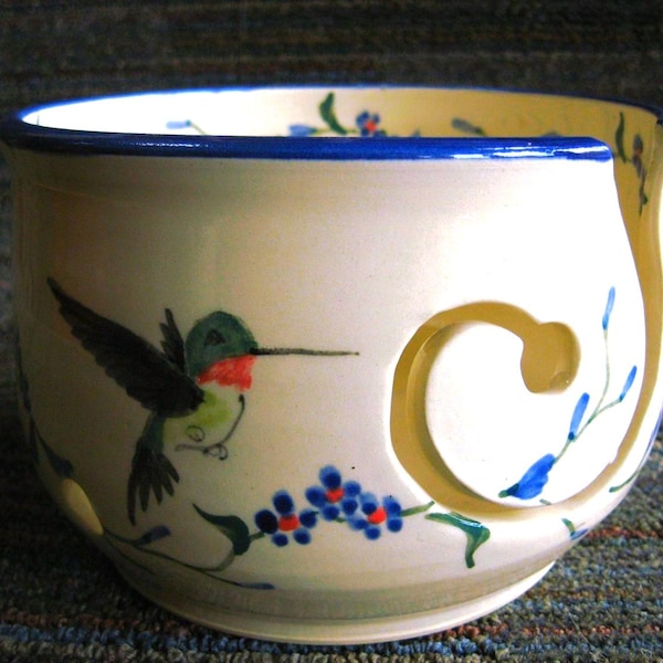 Hummingbird Yarn Bowl: Hand thrown and Hand-Painted Ceramic Knitting or Crochet Bowl
