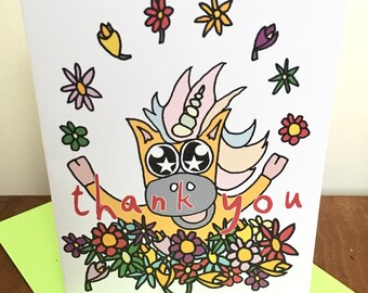 Thank You Star Eyed Unicorn in Flowers Greeting Card