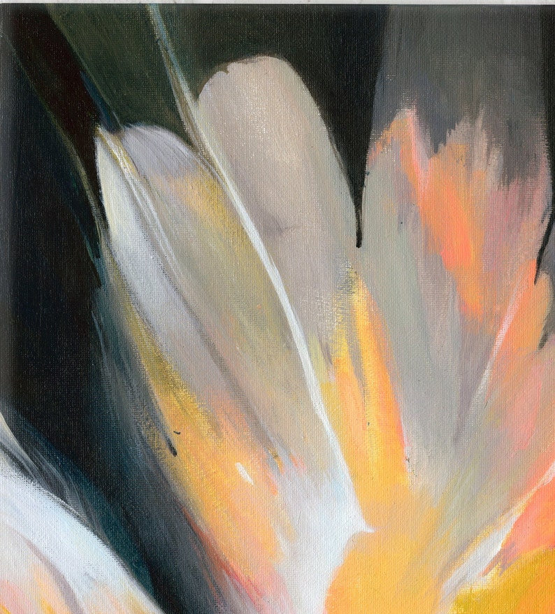 K&ouml;nnte beinhalten: Abstrakte Malerei einer Blume mit wei&szlig;en, gelben, orangefarbenen und grauen Bl&uuml;tenbl&auml;ttern. Der Hintergrund ist schwarz.
