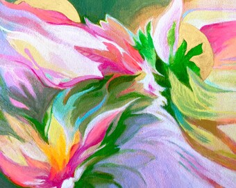 Lush Abstract Art Hand Embellished Giclee Print Green Hot Pink Modern Gold Detail Painting Visionary Art Mental Health Art Self Care Gift