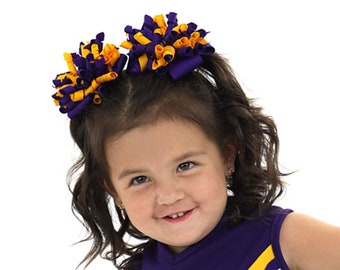 Korker Hair Bow, Cheer Korker Bows, Purple Yellow Gold Curly Ribbon Pigtails, Cheerleader Korker Bows, Custom Color School Spirit Korker Bow