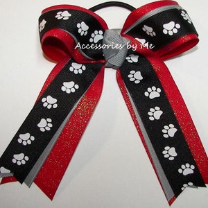 Paw Print Cheer Bow, Bulldogs Cheer Bow, Glitter Paw Print Black Red Bow, Soccer Bow, Softball Bow, Wildcats Team Bow, Bulk Cheer Bows by Me