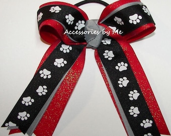 Black Paw Print Bow, Bulldogs Cheer Bow, Black Red Sparkly Soccer Bow, Black Red Softball Bow, Bulldogs Spirit Team Bow, Bulk Paw Print Bows