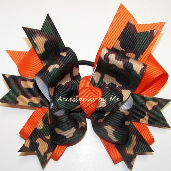 Camouflage Cheer Bow, Camo Cheer Bow, Camo Green Orange Military Hair Clip, Football Cheerleader Cheer Bows, Softball Soccer Volleyball Bows