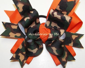 Camouflage Cheer Bow, Camo Cheer Bow, Camo Green Orange Military Hair Clip, Football Cheerleader Cheer Bows, Softball Soccer Volleyball Bows