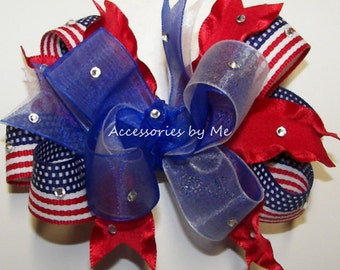 Glitzy USA Flag Ruffle Hair Bow, Red White Blue Rhinestone Clip, Toddler Pageant Accessory