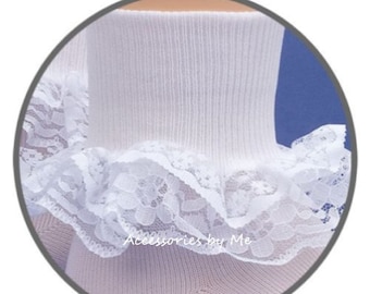 May include: White socks with a white lace ruffle at the top. The socks are ribbed and the lace is delicate.
