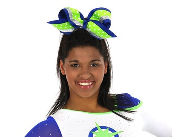 Sparkly Cheer Bow, Royal Blue Green Cheer Bow, Sparkly Lime Green Polka Dots Royal Blue Silver Cheer Bow, Buzz Lightyear Team Cheer Bow Gift