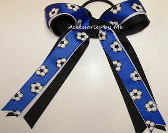 Soccer Hair Bow, Soccer Blue Bow, Soccer Royal Blue Black White Ponytail Ties, Soccer Balls Ribbons, Soccer Mom Gifts, Bulk Soccer Team Bows