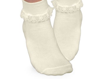 Girls Ivory Lace Socks, Ivory Lace Trim Socks, Baptism Ivory Lace Socks, Toddler Flower Girl Beige Lace Socks, Infant Christening Lace Socks