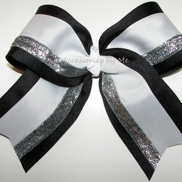 Black Cheer Bows, Black White Cheer Clips, Black White Silver Big Cheer Bow, Black White Competition Cheerbow, Black 6 Inch Cheerleader Bows