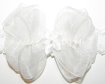 Baptism Headband, Baby White Bow Band, White Organza Pearls Satin Bow Lace Band, Newborn Infant 1st Bow Band, Baby Christening Bow Headband