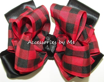 Buffalo Plaid Hair Bow, Dressy Red Black Check, Girls School Barrette, Christmas Head Bows