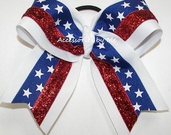 Red White Blue Stars Cheer Bow, Patriotic Volleyball Softball Clip