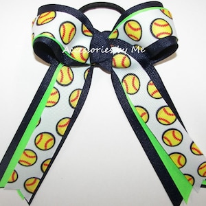 Softball Navy Bow, Custom Softball Bow, Softball Neon Green Navy Blue Bow, Soft Ball Player Bow, Softball Team Bow, Bulk Softball Bows by Me