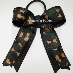 Camouflage Cheer Bow, Camo Green Black Dance Bow, Camo Green Brown Black Hair Ties, Camo Cheerleader Bow, Bulk Camo Bows, Softball Camo Bows