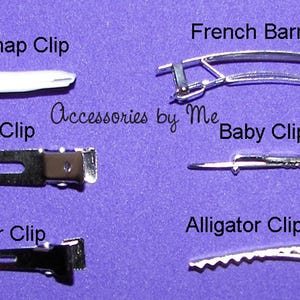 May include: A collection of hair accessories labeled Accessories by Me, including a white snap clip, a silver French barrette, two silver alligator clips, a small silver baby clip, and a silver alligator clip with teeth on a purple background.