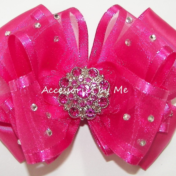 Glitzy Shocking Pink Hair Bow, Pageant Shocking Hot Pink Hair Clip, Girls Shocking Pink Sheer Satin Trim Hair Bow, 1st Birthday Princess Bow