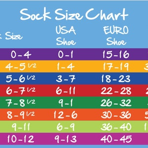 May include: A colorful chart showing sock sizes for newborns, infants, toddlers, and adults. The chart lists sock sizes in US shoe size, Euro shoe size, and typical age.