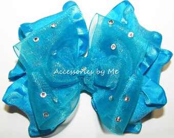 Festzug Rüschen Schleife, Türkis Haarspange, Türkis Blau Rüschen Schleife Haarspange, glitzernde Baby Rüschen Alligator Clip, Mädchen Schleife 1