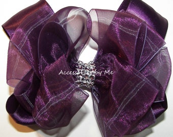 Dressy Plum Hair Bow, Eggplant Chiffon Bow, Plum Purple Organza Satin Hair Barrette, Eggplant Flower Girls Bow, Plum Purple Toddler Hair Bow