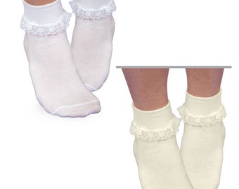 Girls White Lace Trim Socks, Flower Girls Ivory Accessories, Baby 1st Birthday, Baptism Occasion
