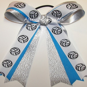 Volleyball Bow, Volley Team Hair Ties Elastic, Volley Ball Blue Silver Grosgrain Ribbons, Custom Volleyball Bow, Cheap Bulk Volleyball Bows
