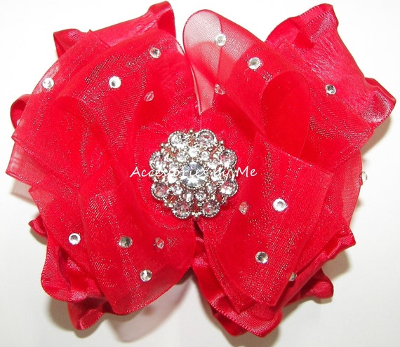 Red Organza Ruffle Hair Bow, Rhinestone Center Clip, Pageant  display picture 3