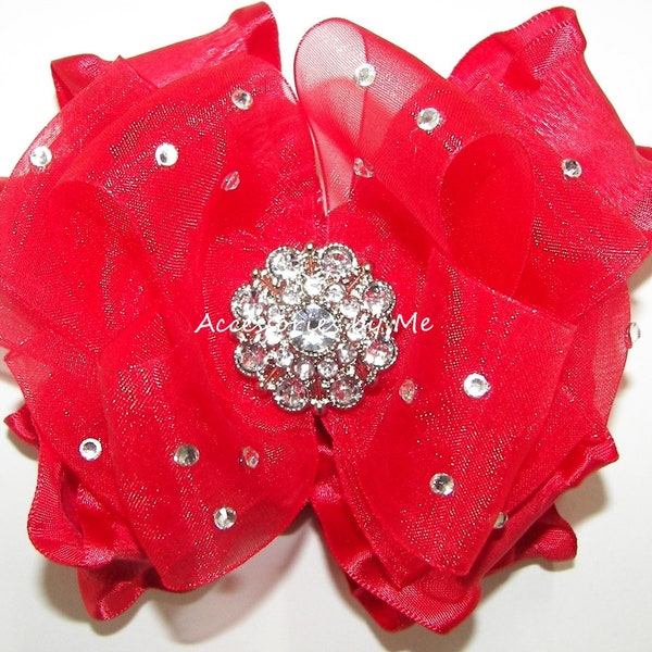 Glitzy Red Ruffle Bow, Pageant Red Hair Bow, Red Organza Ruffle Hair Bow, Toddler Red Ruffle Bow Hair Clip, Flower Girl Red Ruffle Bow Clips