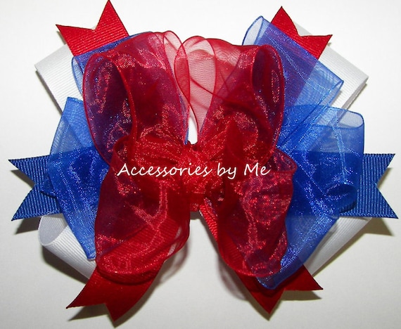 Girls Patriotic Hair Clip, Little Miss USA Pageant Barrette, Red White Blue Bow, Memorial Day, 4th of July Parade