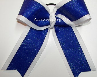 Glitter Cheer Bow, Sparkly Cheer Bow, Glitter Royal Blue White Ponytail Hair Bow, Volleyball Bow, Softball Bows, Bulk Price Cheap Team Bows