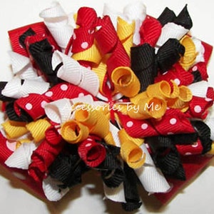 Curly Ribbon Hair Bow, Korkers Red Black Ribbon Bow, Red Black Yellow Korker Hair Bow, Baby Pigtail Clip, 1st Birthday Bow, Baby Girls Gifts