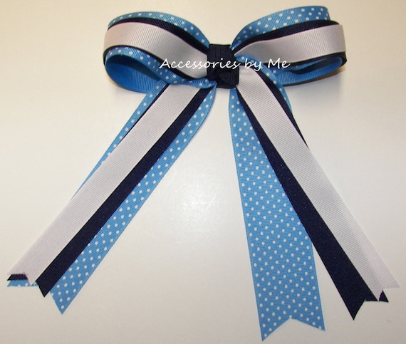 Volleyball Ponytail Holder Bow Blue White Ribbons Team Hair Ties Streamers
