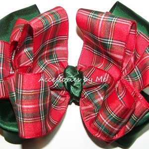 Tartan Hair Bow, Christmas Plaid Clip, Plaid Red Hunter Green Satin Barrette, Scottish Plaid Bow, Scottish Baby Plaid Clip, Flower Girls Bow