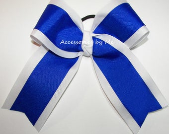 Blue Cheer Bow, Two Color Cheer Bow, Electric Blue White Ponytail Holder, Bright Blue Cheerleader Bow, Royal Blue Team Bow, Blue School Bows