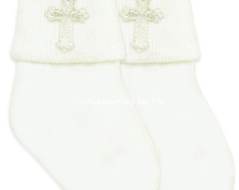 Taufe Kreuz Socken, Baby Socken gesticktes Kreuz, Elfenbein Socken, Mädchen religiöse Kreuz Creme Socken, Säugling Taufe Socken, Jungen Elfenbein Socken