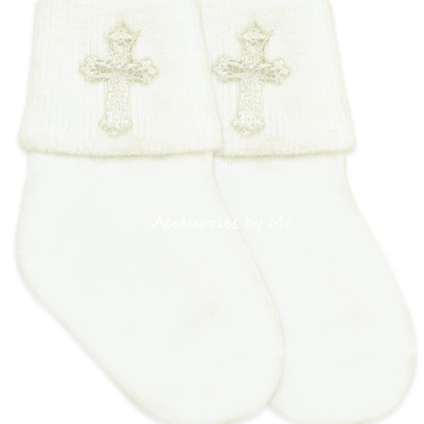 Baptism Ivory Cross Socks, Baby Embroidered Cross Ivory Socks, Girls Religious Cross Cream Socks, Infant Christening Socks, Boys Ivory Socks