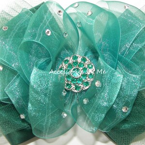 Glitzy Green Hair Bow, Emerald Tutu Clip, Embellished Teal Green Sheer Tulle Hair Barrette, Custom Pageant Clips, 1st Birthday Princess Bows