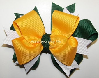 Green Cheer Bow, Green Gold Ponytail Holder, Forest Green Yellow Gold Hair Ribbon, Green Bay Packers Football Cheer Bow, School Softball Bow