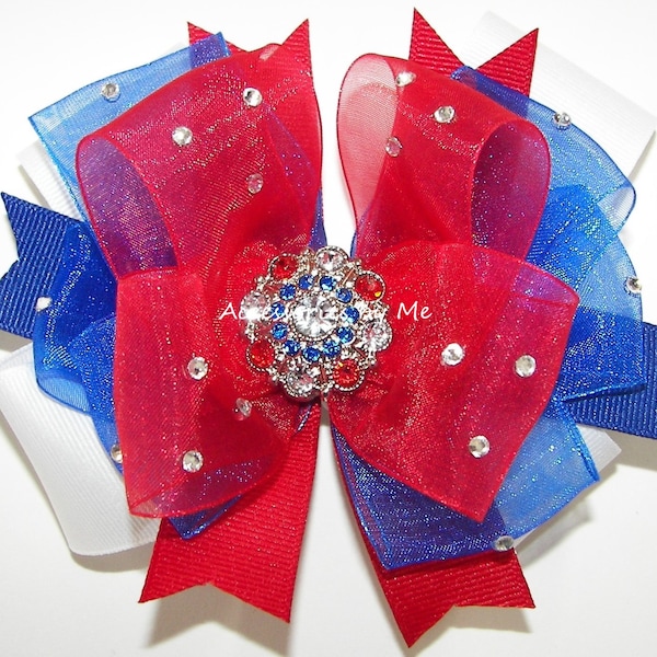 Glitzy Patriotic Hair Bow, Pageant Red White Blue Clip, Glitz Red White Blue Organza Bow Barrette, Over the Top July 4th Bows, Dress Up Bows