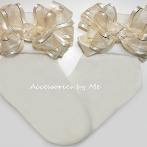 Flower Girl Ivory Socks, Ivory Gold Bow Socks, Ivory Gold Organza Satin Bow Socks, Dressy Ivory Gold Bow Socks, 1st Birthday Baby Girl Socks