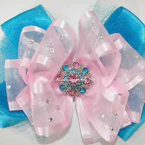 Glitzy Pink Hair Bow, Turquoise Blue Tutu Clip, Glitter Pink Turquoise Blue Organza Satin Tulle Bow Barrette, Sparkly Rhinestone Pageant Bow